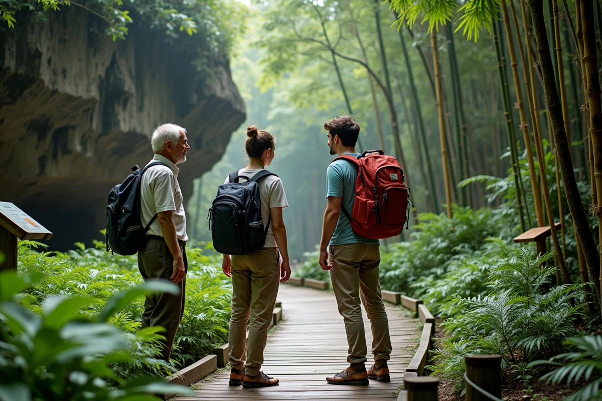 Jeune couple français écoutant un guide dans une forêt vietnamienne