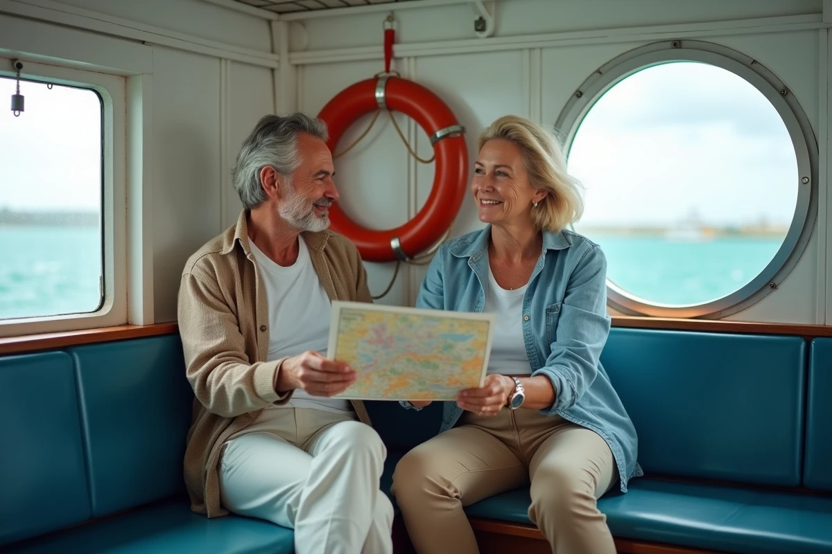 Couple à bord du ferry consultant les horaires pour organiser un aller-retour vers Porquerolles