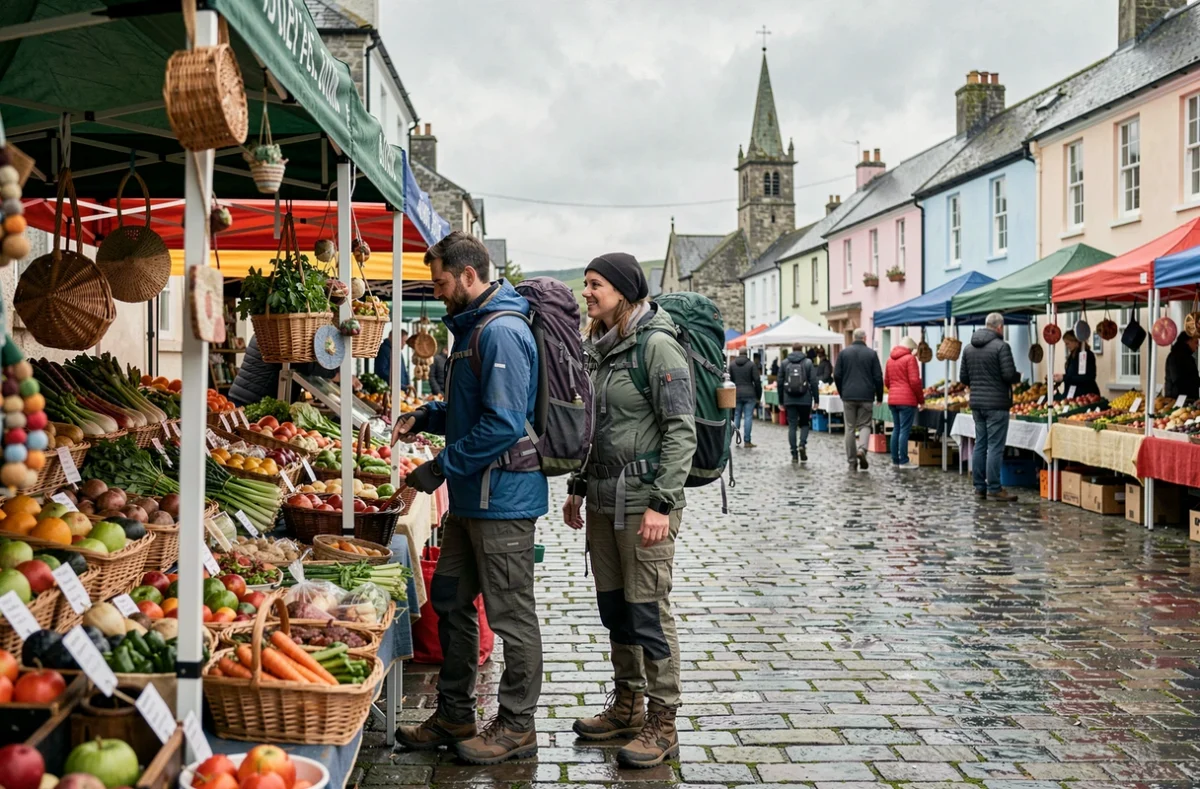 Couple de voyageurs explorant un marché local en plein air sur des pavés irlandais avec des devantures géorgiennes colorées