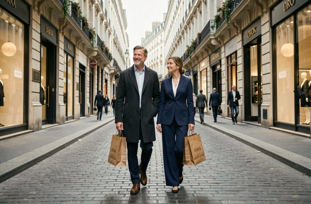 Couple parisien élégant se promenant avec des sacs de shopping sur la Rue Saint-Honoré à Paris