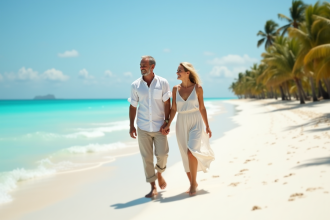 Couple souriant marchant sur la plage de sable blanc