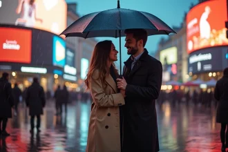 Jeune couple avec parapluie à Piccadilly Circus sous la pluie