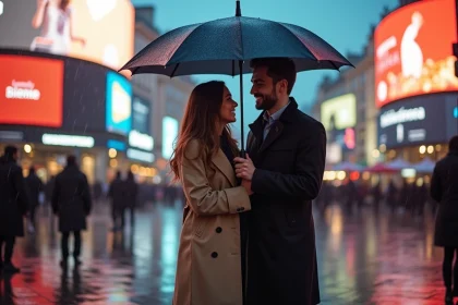 Jeune couple avec parapluie &agrave; Piccadilly Circus sous la pluie