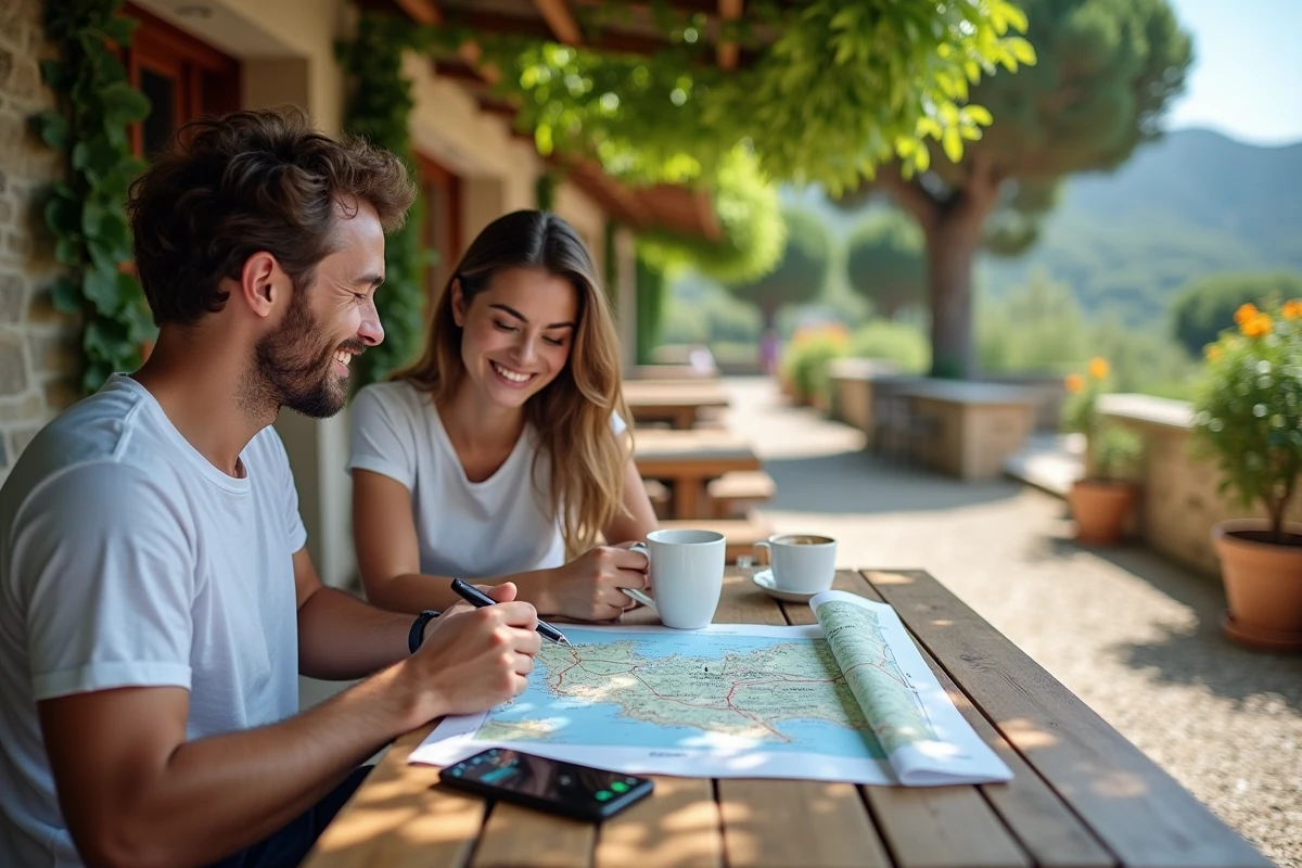 Couple préparant un itinéraire de road trip en Corse du Nord avec une carte dépliée sur une table de café