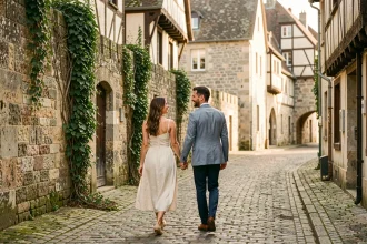 Couple romantique se promenant main dans la main dans les ruelles pavées du Vieux Mans avec les remparts médiévaux en arrière-plan