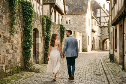 Couple romantique se promenant main dans la main dans les ruelles pavées du Vieux Mans avec les remparts médiévaux en arrière-plan