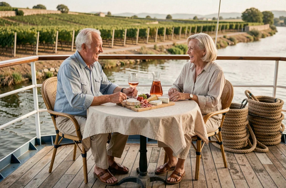 Couple de seniors dégustant des produits régionaux sur le pont d'une péniche lors d'une croisière en Languedoc