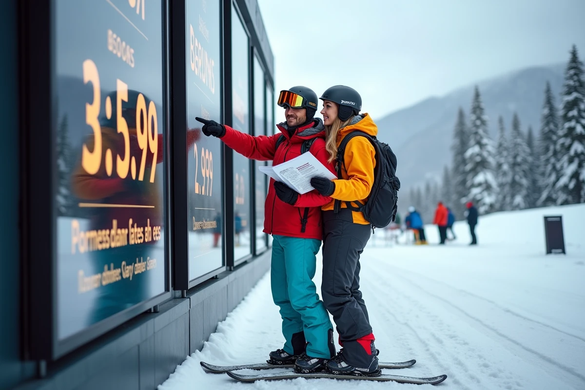 Couple de skieurs devant un panneau d'affichage des prix de forfaits ski promotionnels en station de montagne