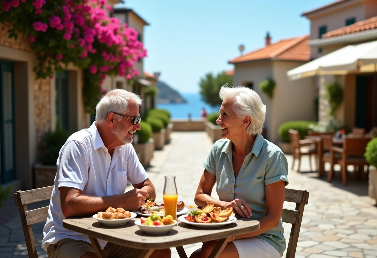 Couple d&eacute;gustant mezze &agrave; Chalki en Gr&egrave;ce