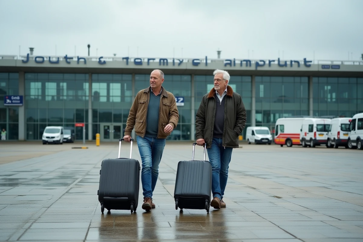 Couple avec bagages devant le terminal de l'aéroport de Londres Gatwick cherchant un transfert économique