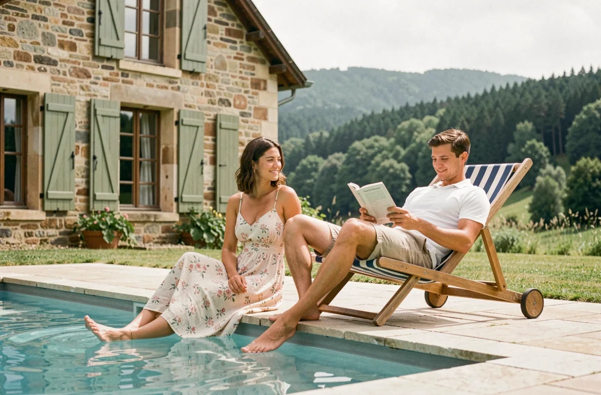 Couple en vacances au bord d'une piscine privée dans une location de charme dans les Vosges, Grand Est