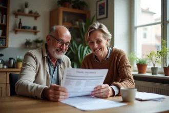 Couple français souriant discutant documents d'assurance voyage