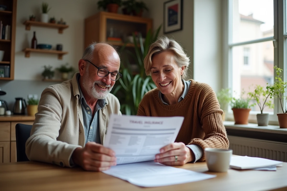 Couple français souriant discutant documents d'assurance voyage