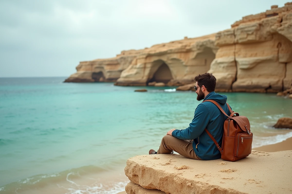 Voyageur solitaire assis sur un rocher devant une crique déserte et aux eaux turquoises près de San Pawl il-Bahar au printemps
