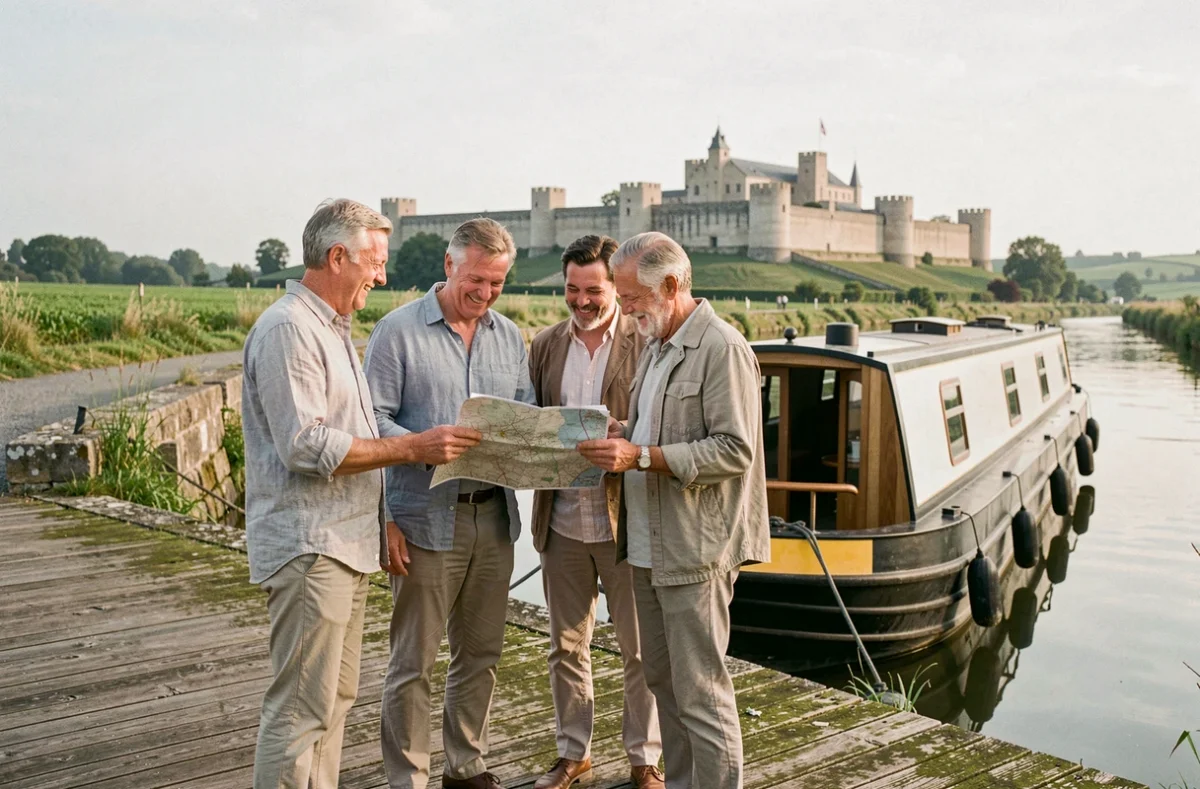 Groupe de touristes sur un quai d'embarquement face à un bateau fluvial avec la cité de Carcassonne en arrière-plan