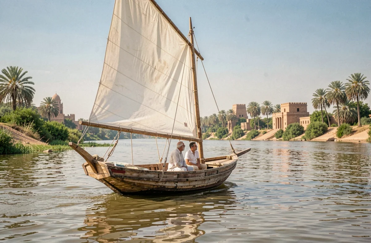 Couple naviguant sur le Nil dans une petite felouque traditionnelle en bois, voile blanche déployée, temples et palmiers en arrière-plan