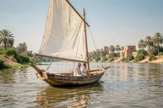 Couple naviguant sur le Nil dans une petite felouque traditionnelle en bois, voile blanche déployée, temples et palmiers en arrière-plan
