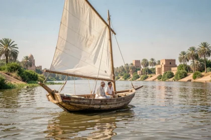 Couple naviguant sur le Nil dans une petite felouque traditionnelle en bois, voile blanche déployée, temples et palmiers en arrière-plan