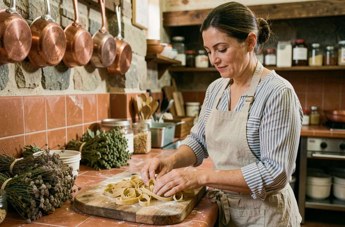 Femme préparant des pâtes fraîches artisanales dans une cuisine traditionnelle romaine avec décor en pierre et herbes séchées