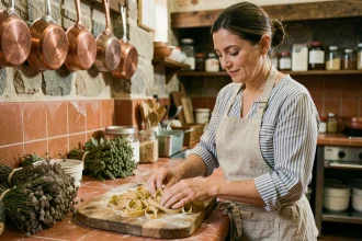 Femme préparant des pâtes fraîches artisanales dans une cuisine traditionnelle romaine avec décor en pierre et herbes séchées