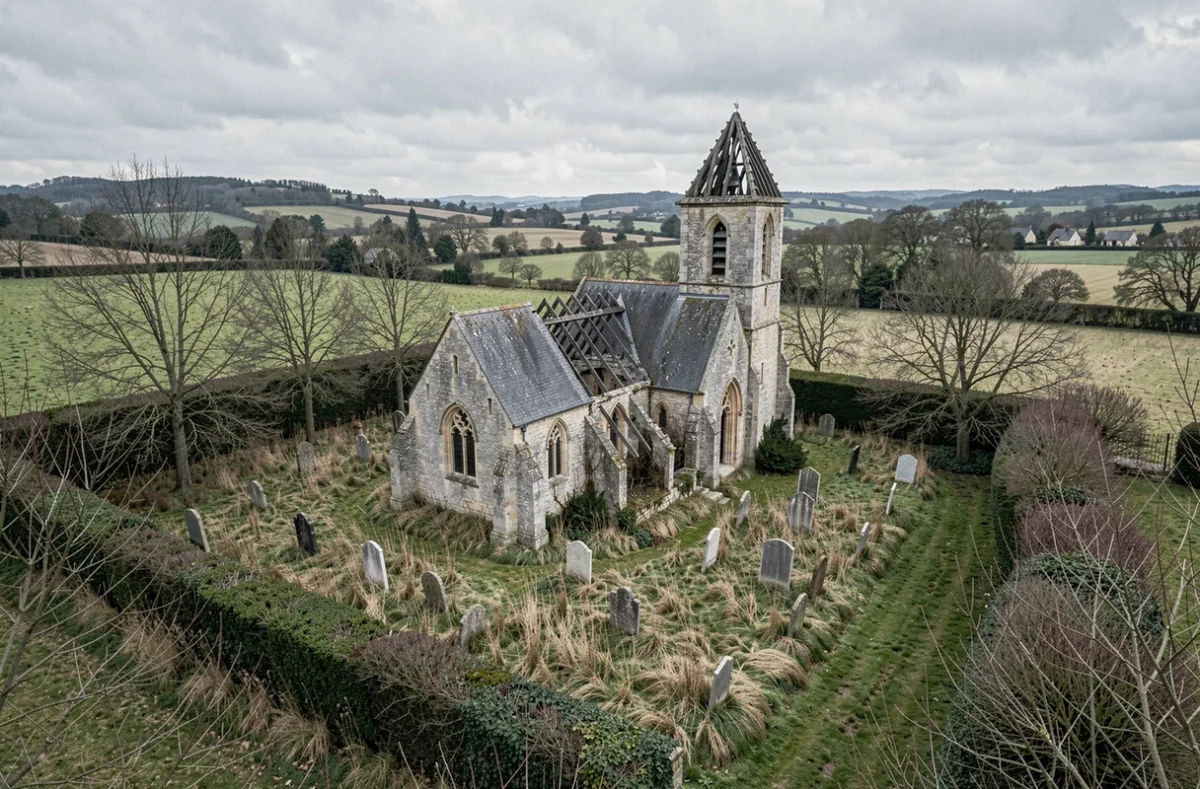 Église en ruine d'un village abandonné en France entourée d'un cimetière envahi par la végétation