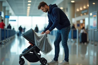 Jeune père emballant une poussette à l'aéroport