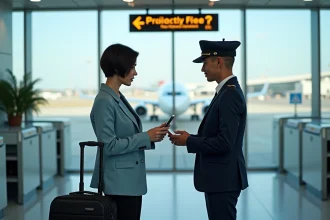 Passagère présentant sa carte d'embarquement prioritaire Volotea à l'agent de gate dans un terminal d'aéroport moderne