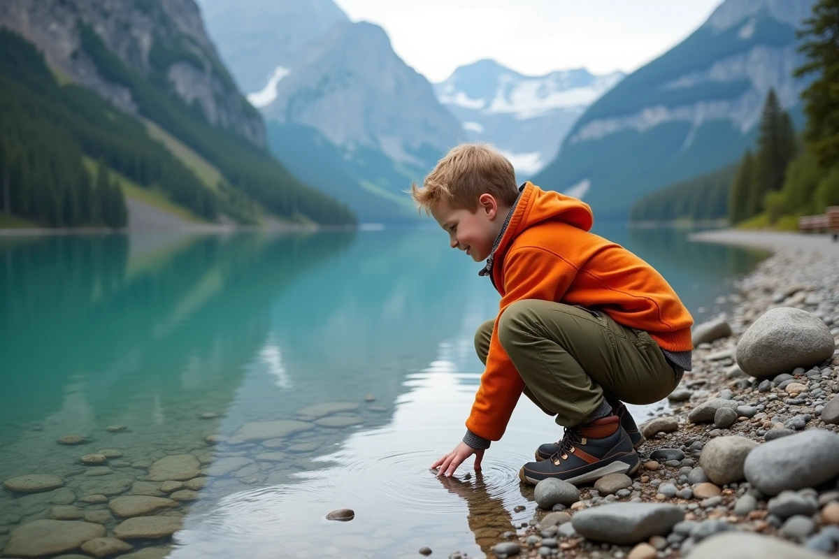 Enfant touchant l'eau turquoise du lac Oeschinensee au bord de la rive avec reflet des montagnes bernoises