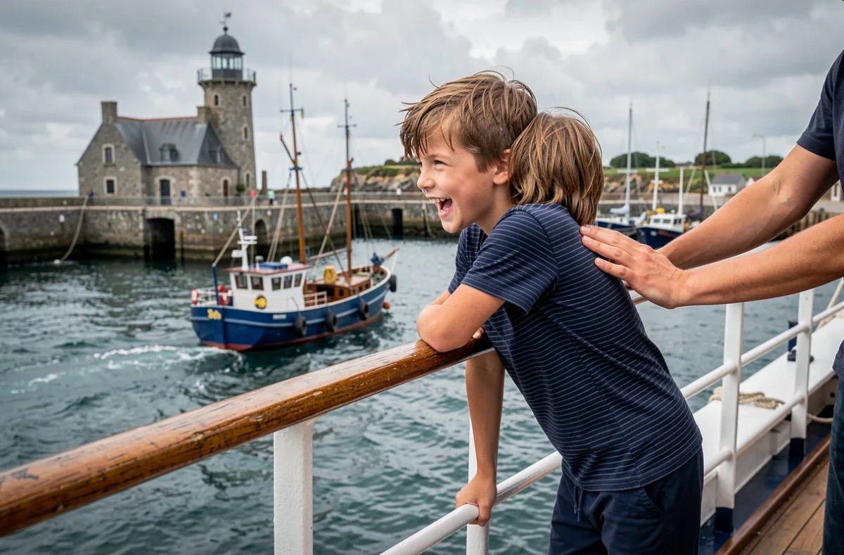 Enfants enthousiastes découvrant un port breton depuis le pont d'un bateau de croisière