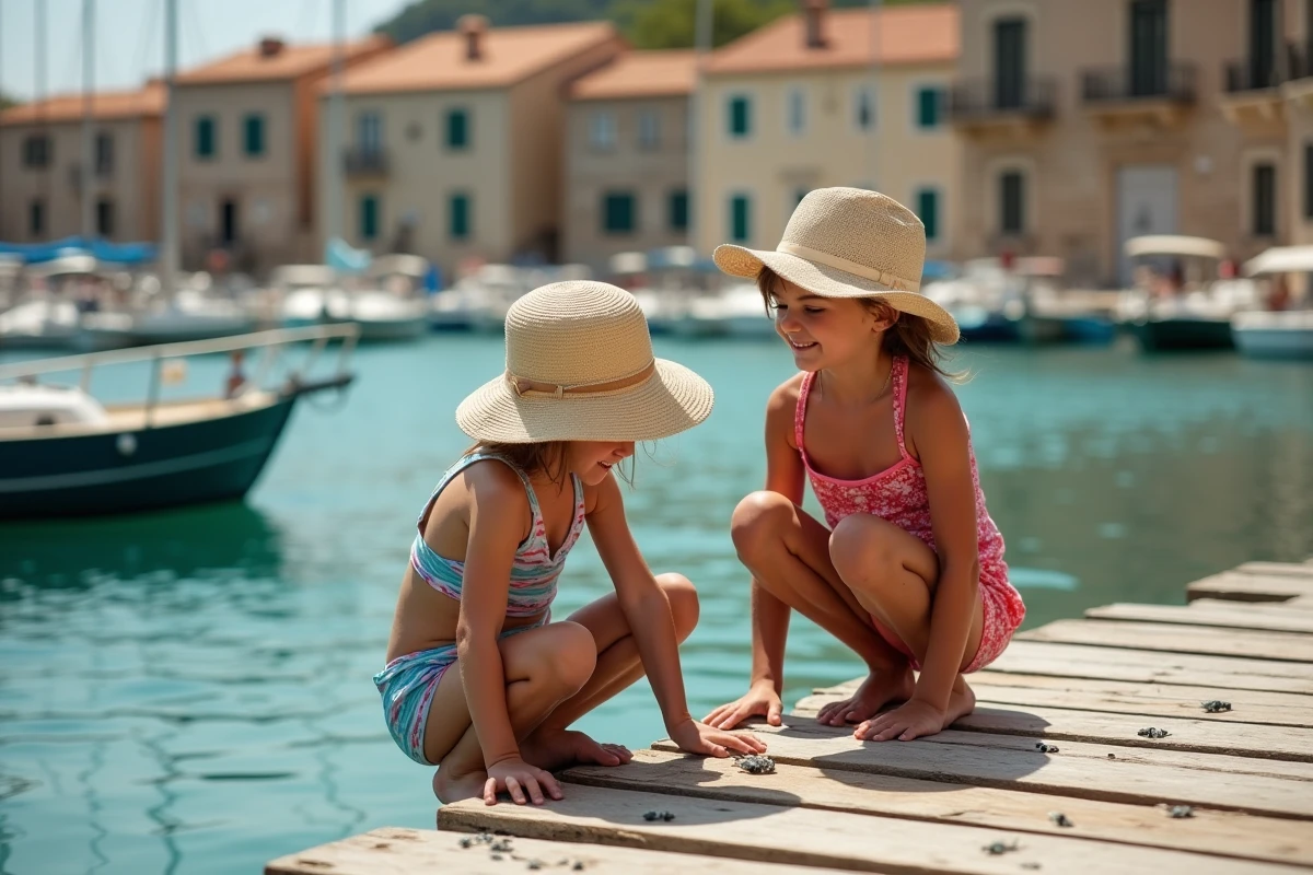 Enfants observant les poissons depuis un ponton du port de Gruissan en été
