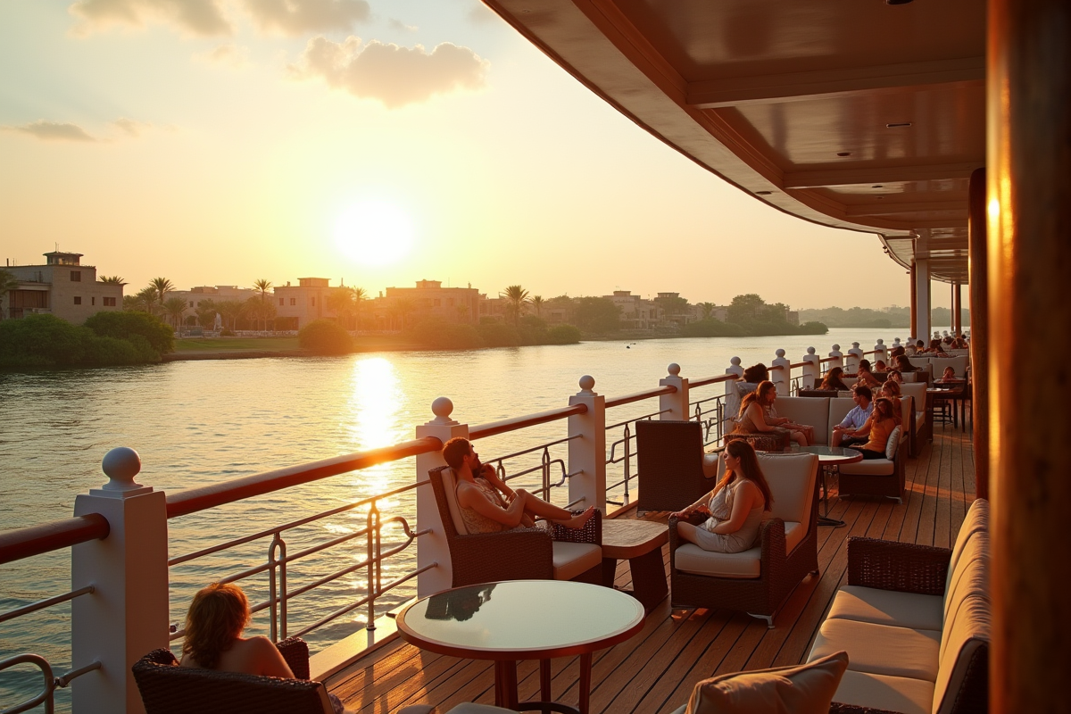 Espace lounge extérieur sur un bateau croisière sur le Nil avec vue panoramique