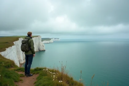 Randonneur contemplant les falaises de craie blanche en Normandie avec vue panoramique sur la Manche