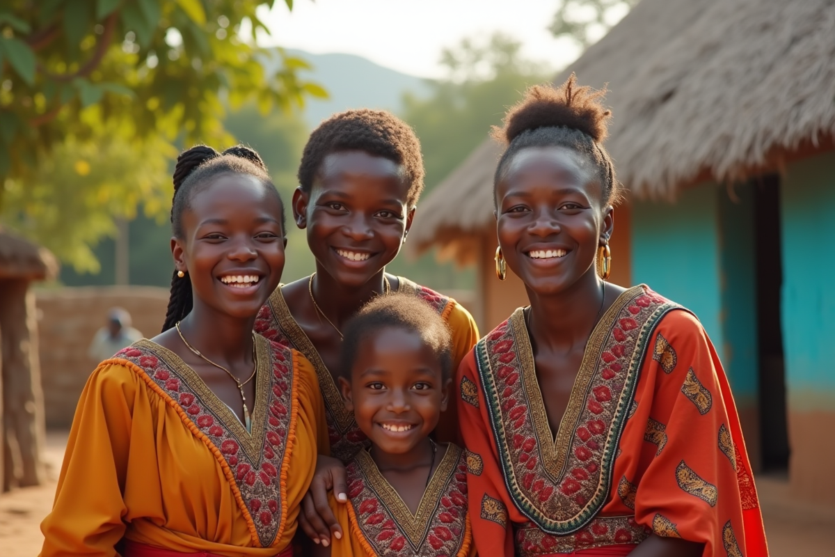 Famille africaine traditionnelle accueillante en village coloré