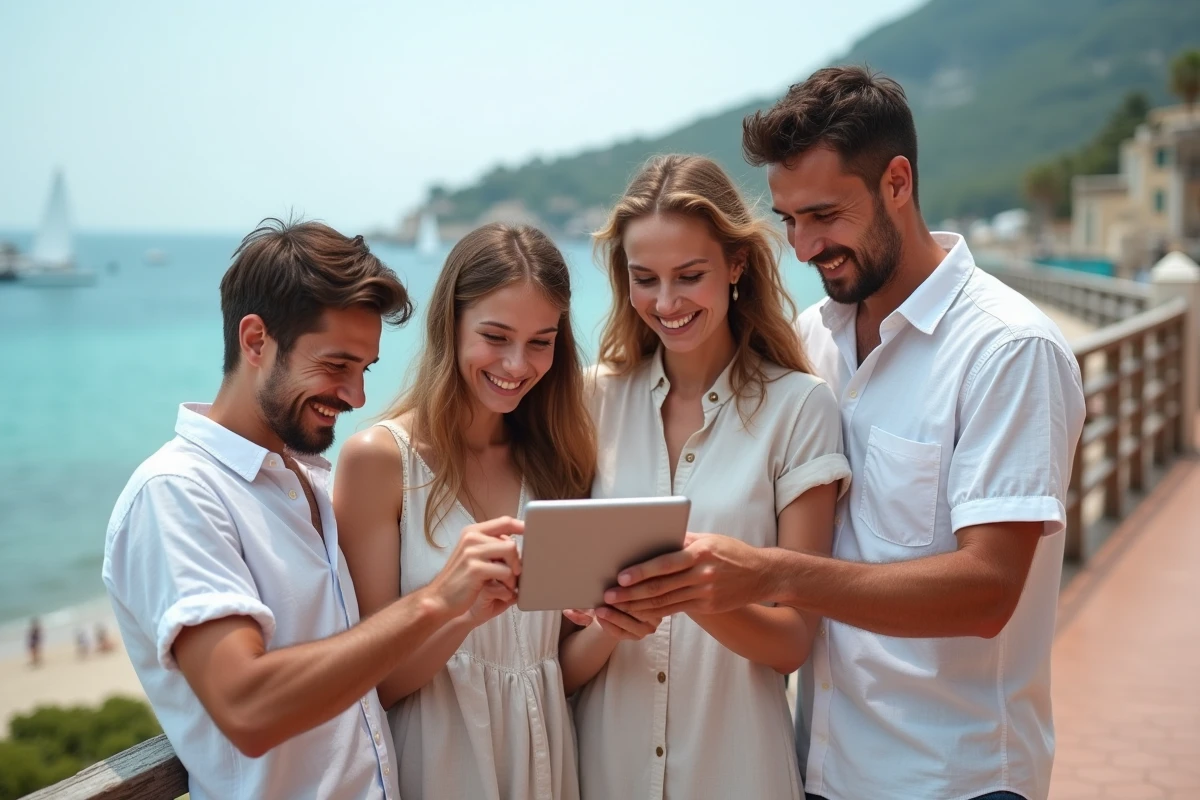 Famille r&eacute;unie sur une promenade au bord de la mer composant ensemble une carte virtuelle de bonnes vacances sur une tablette