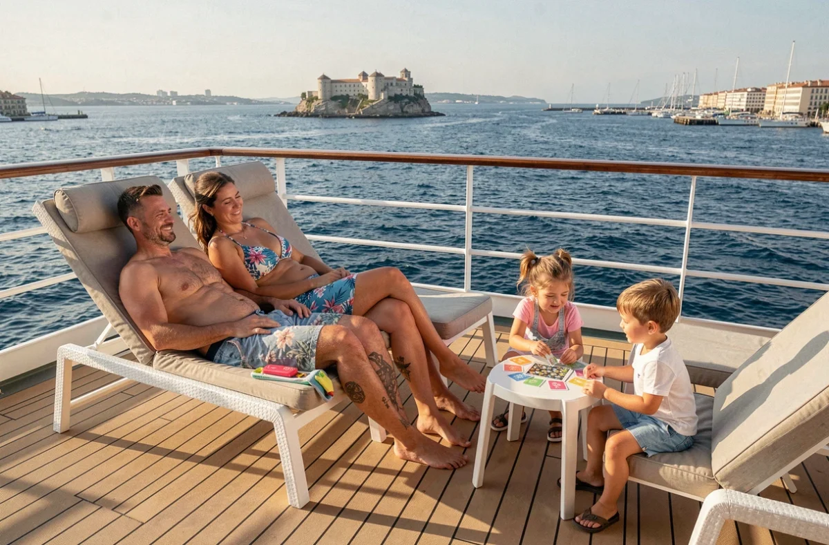 Parents se relaxant en famille sur le pont d'un paquebot ancré près de Marseille avec vue sur le Château d'If