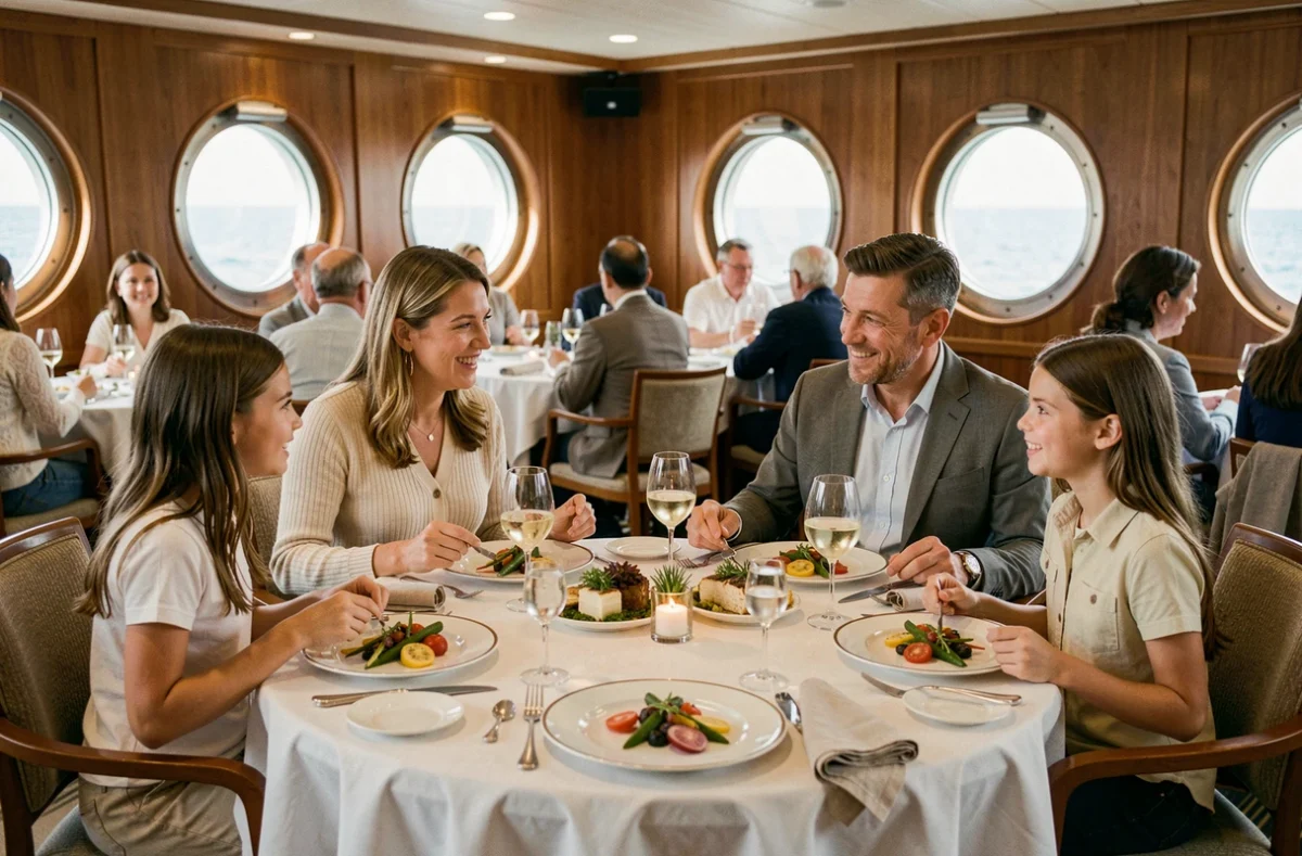 Famille en train de dîner ensemble dans le restaurant tout inclus d'un paquebot de croisière français