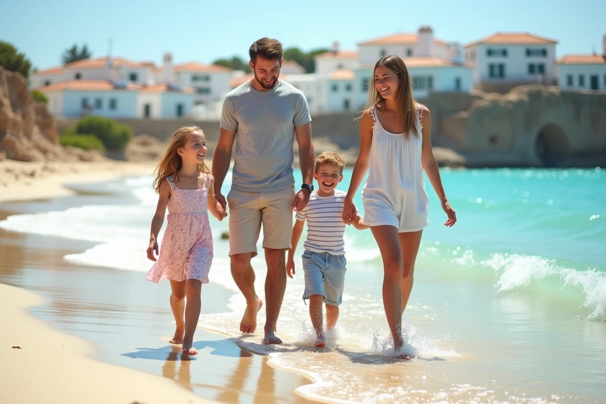 Famille avec enfants marchant sur la plage de Gruissan en été, eau turquoise et village en arrière-plan