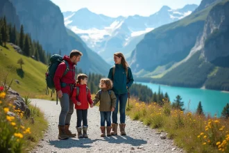 Famille en randonnée sur le sentier de l'Oeschinensee avec vue panoramique sur le lac turquoise et les falaises alpines