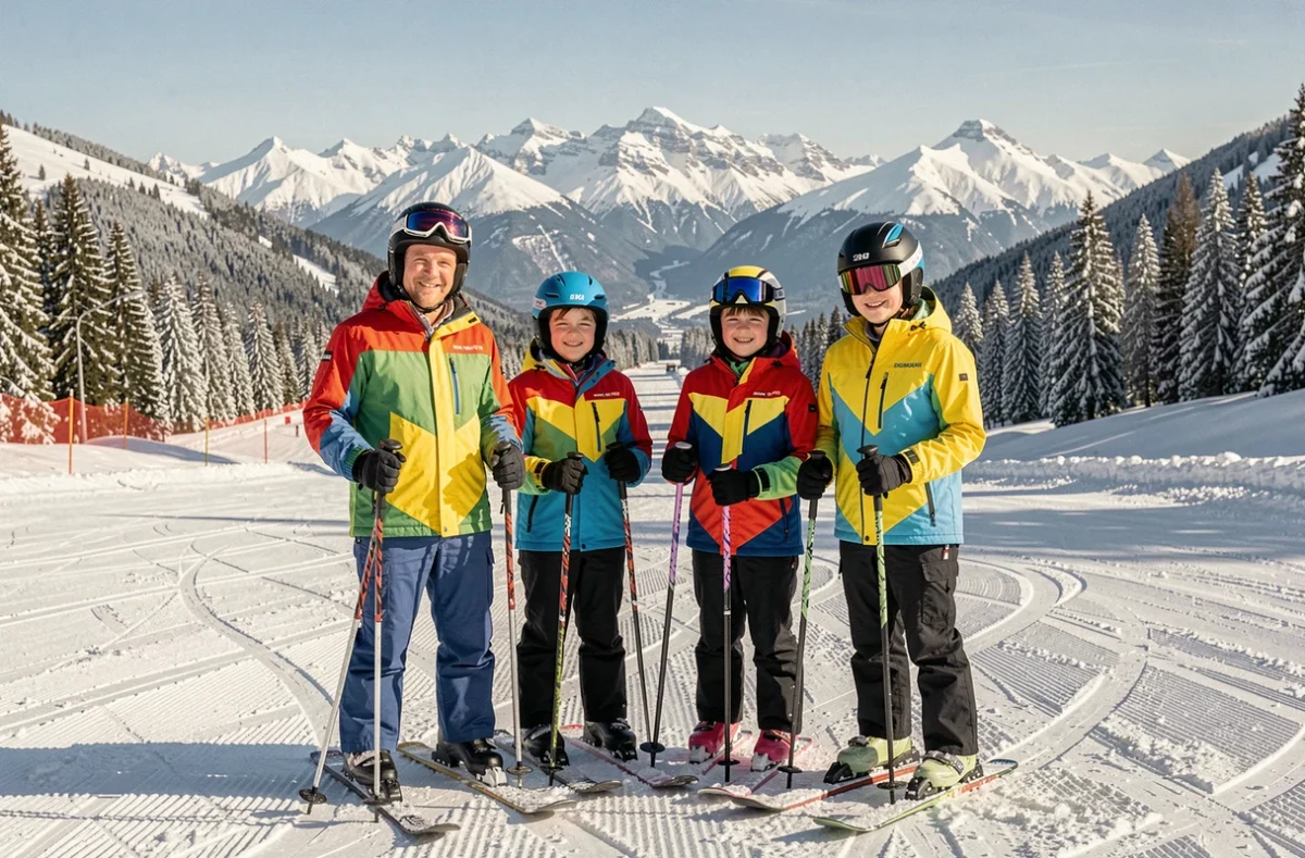 Famille en tenue de ski colorée sur les pistes enneigées de La Plagne avec panorama des Alpes en arrière-plan