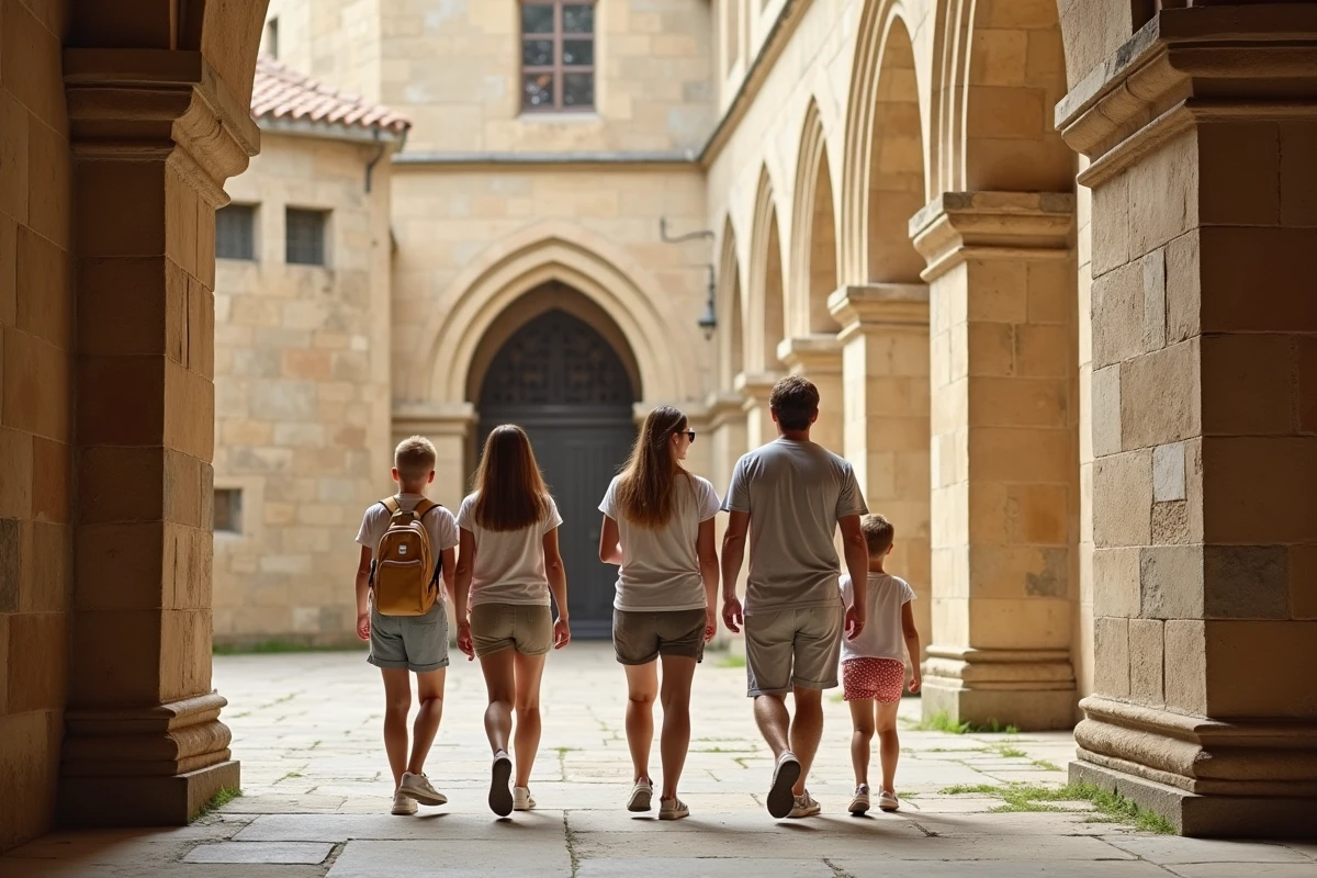 Famille visitant la cour intérieure du Palais des Papes à Avignon en week-end, admirant l'architecture gothique médiévale