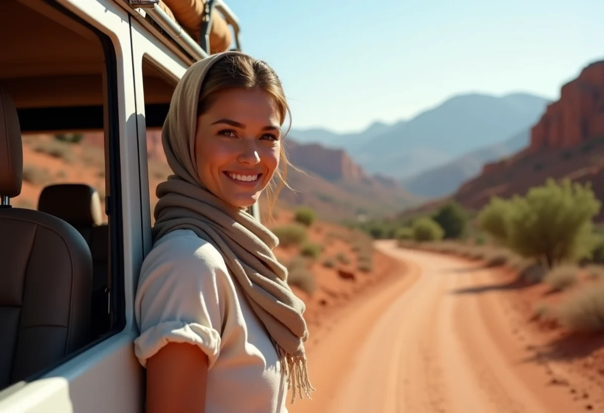 Femme souriante près d'un 4x4 avec paysage marocain