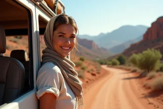 Femme souriante près d'un 4x4 avec paysage marocain
