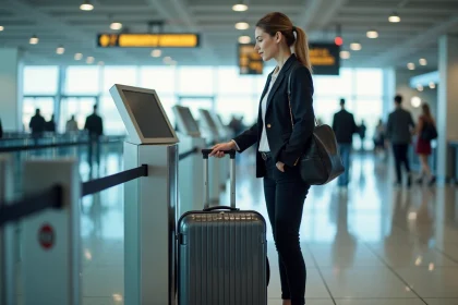 Femme pla&ccedil;ant une valise rigide dans un gabarit &agrave; l'a&eacute;roport
