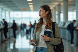 Jeune femme à l'aéroport avec passeport et billet