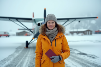 Femme en parka hiver avec avion en Antarctique