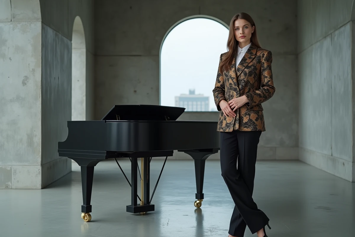 Jeune femme en blazer baroque moderne debout près d'un piano à queue dans un studio minimaliste en béton