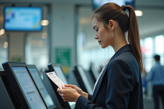 Femme examinant un billet dans un guichet moderne