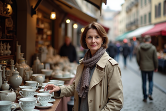 Femme d'âge moyen examinant des tasses en porcelaine vintage au marché