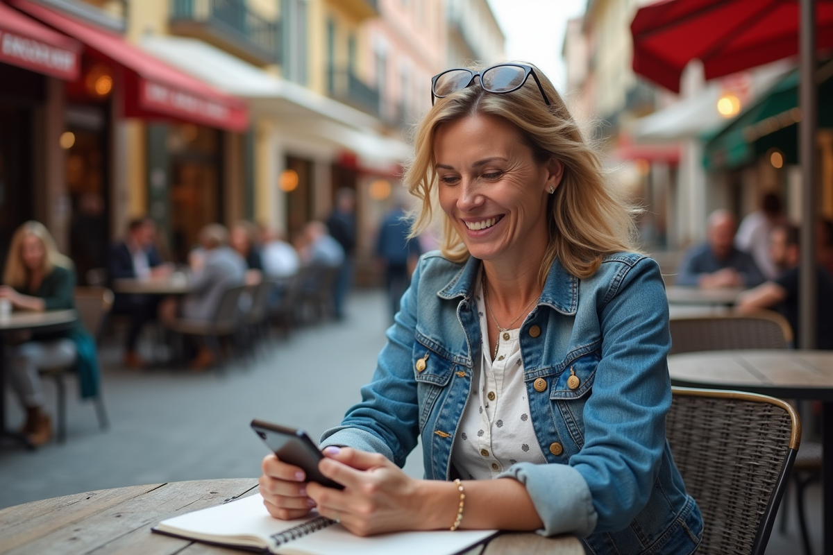 Femme souriante dans un café en ville européenne