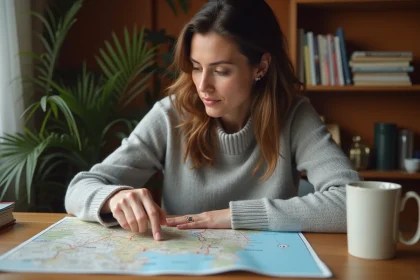 Femme consultant une carte Michelin papier pour planifier un trajet routier avec distance et durée estimées